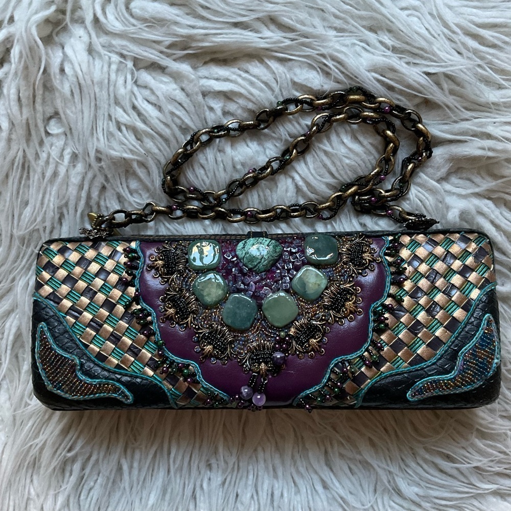 Mary Frances Black Purple Embossed Snakeskin Embellished Gem Beaded Shoulder Bag